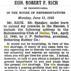 8.	Screen capture of the title and opening remarks of Penfield Seiberling’s speech to the Dallas Salesmanship Club in April 1945. Source: The Congressional Record: Proceedings and Debates of the 79th Congress, First Session, Appendix, Volume 91, Part 12, June 11, 1945- October 11, 1945, p. A2800. United States Government Printing Office, Washington, D.C.